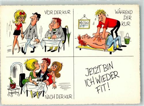 Ein Mann vor während und nach der Kur Humor