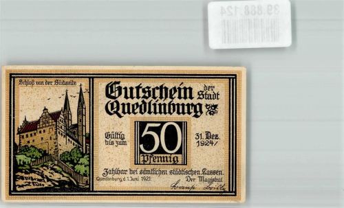 Quedlinburg 1921 50 Pfennig Gutschein Klopstock Denkmal
