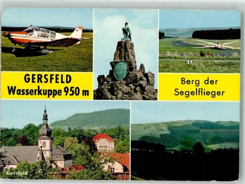 W6412 Gersfeld Rhön Kleinflugzeug Kirche Berg Segelflug Foto AK
