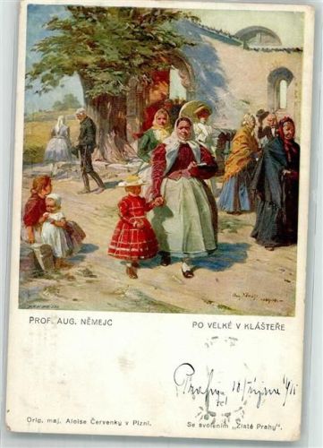 1911 sign. Prof. Nemejc Dicke Frau mit Kind nach dem Kirchgang Minerva 185 Maschinenstempel