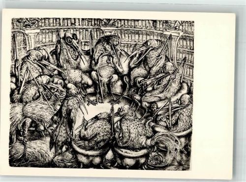 Störche Der Gesprächskreis sign. Weber Paul A. Tier, vermenschlicht Lithographie / Künstlerkarte