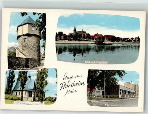 Flörsheim Heimatturm Mainufer mit St. Gallus Kirche Kriegergedächtnis-Kapelle Altersheim