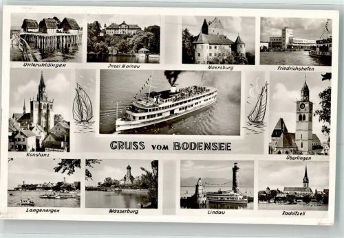 78315 W7760 Radolfzell am Bodensee 1954 Gebrauchsspuren Gruß vom Bodensee Hafen Lindau Wasserburg Meersburg Konstanz Notopfermarke Berlin Foto AK