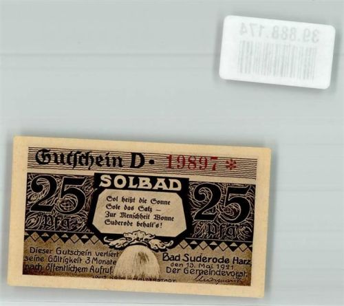 Bad Suderode 1921 25 Pfennig Gutschein Solbad D 19897