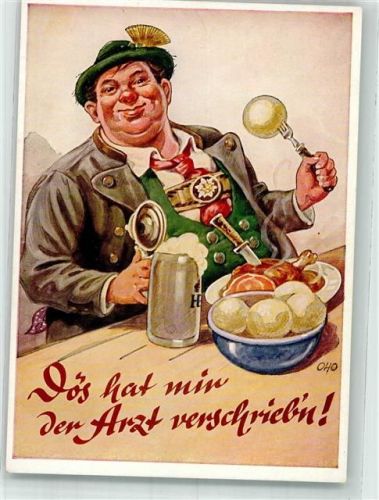 Dicker Bayer in in Tracht lässt es sich bei Bier und Schweinshaxe gut gehen Verlag Lengauer Nr. 3093