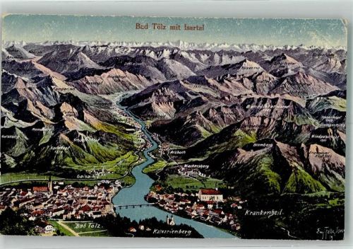 Bad Tölz 1921 sign. Felle, Eugen Vogelschau der Gegend um Bad Tölz mit Alpenpanorama