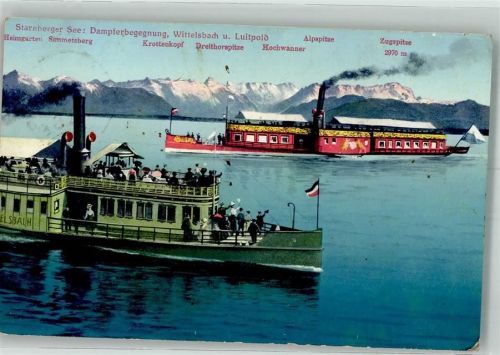 Starnberg 1913 Raddampfer Wittelsbach und Luitpold auf dem Starnberger See vor Alpenpanorama Ort lt. Stempel