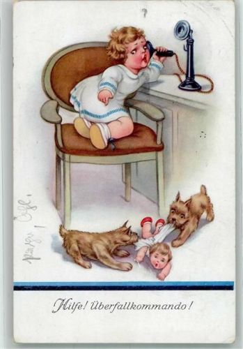 1938 Kleines Kind wird von zwei Hunden geärgert EAS Nr. 2105 Künstlerkarte