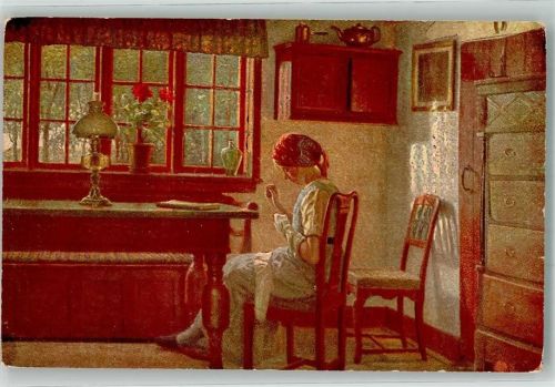 Alfred Broge ; Bauernstube Frau beim Strümpfe stopfen Interieur
