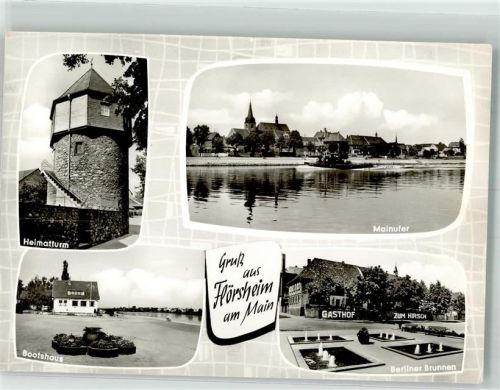 Flörsheim Heimatturm Mainufer mit St. Gallus Kirche Bootshaus Gasthaus Zum Hirsch und Berliner Brunnen