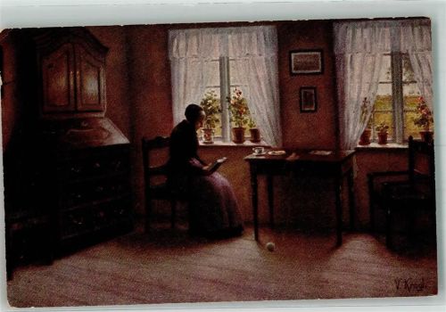 1916 sign. Krogh V. Feiertag Frau Buch lesen ASCO No.1240