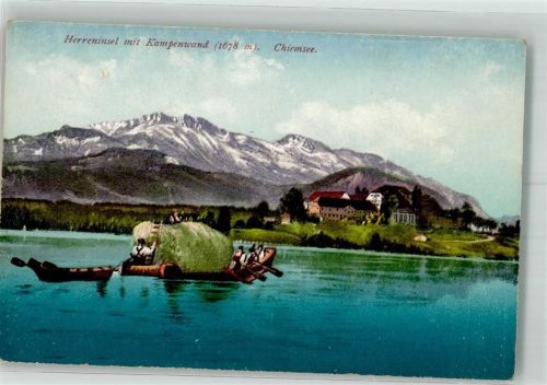 Herreninsel Ruderboot mit Bauern und der eingefahrenen Ernte vor der Kampenwand auf dem Chiemsee Verlag Purger & Co. Nr. 4632