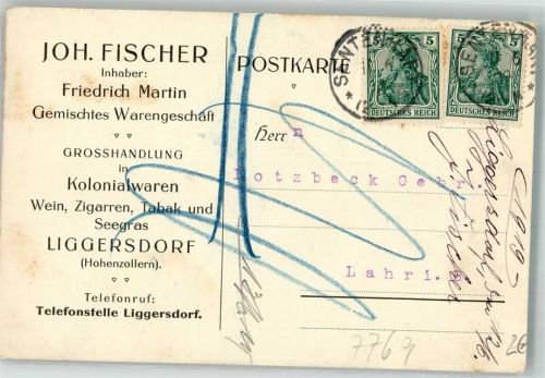 Liggersdorf 1919 Geschäft Handlung Joh. Fischer Kolonialwaren