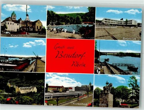 Bendorf Pfarrkirche St. Medardus mit Kirchplatz Kriegerdenkmal im Stadtpark Schwimmbad Rheinhafen Krankenhaus Gymnasium