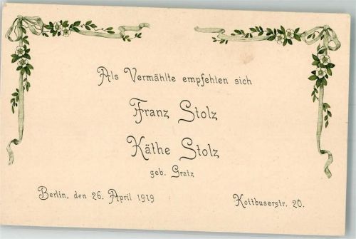 Berlin, unsortiert 1919 Hochzeit- Anzeige Familie Stolz