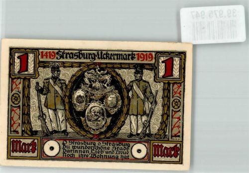 Strasburg 1919 Gutschein über eine Mark Volksschule Ev. Kirche Stadtwappen