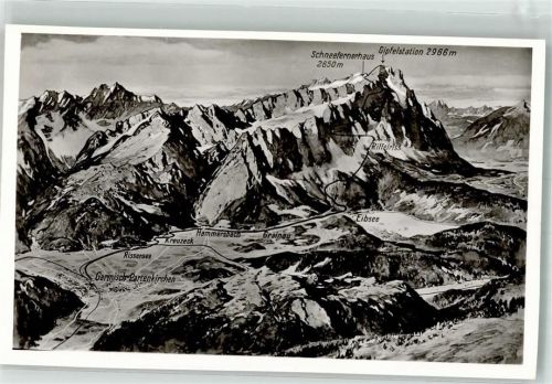 Zugspitze sign. Preuß Vogelschau der Alpen zwischen Garmisch-Partenkirchen und Zugspitze mit Trasse der Zugspitzbahn