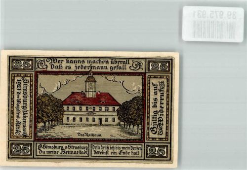 Strasburg 1921 Gutschein über fünfundzwanzig Pfennig Rathaus Stadtwappen