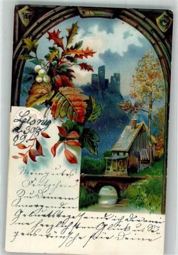 1909 Eine alte Burg oberhalb einer Wassermühle im Herbst