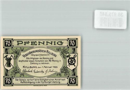 Kyllburg 1922 Gutschein über 75 Pfennig des Verschönerungsvereines Burg Malberg