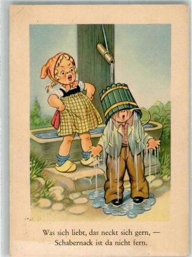 Mädchen begießt Jungen mit einem Eimer Wasser Künstlerkarte