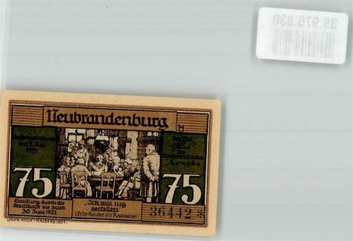 Neubrandenburg 1922 Einlösung Stadtkasse 75 Pfennig Fritz Reuter
