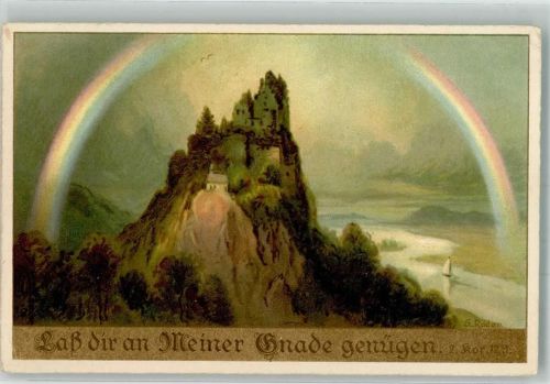 sign. Röder Eine alte Burg mit Kapelle oberhalb eines Flusses Regenbogen 1930 Künstlerkarte