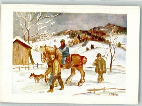 sign. Dreher Th. Winter Pferd Hund Elwi-Künstlerkarte Nr. 1003