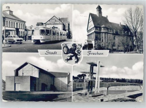 50226 W5020 Frechen Gebrauchsspuren Marienschule, Rathaus, Straßenbahn, St. Maria-Köningin-Kirche, Schwimmstadion, Wappen