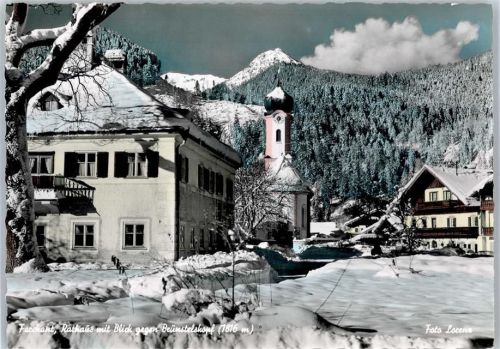 Farchant Winter- Karte, Rathaus mit Blick gegen Brünstelskopf
