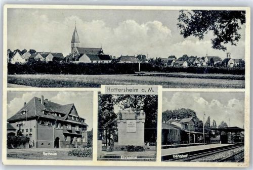 65795 W6234 Hattersheim am Main - Teilansicht, Rathaus, Ehrenmal, Bahnhof