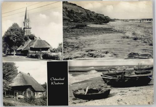 18347 O2598 Ostseebad Wustrow - Kirche, Schiffe am Strand, Brandung