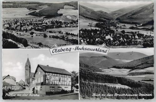 Olsberg Partie an der Kirche, Café Müller, Blick zu den Bruchhauser Steinen
