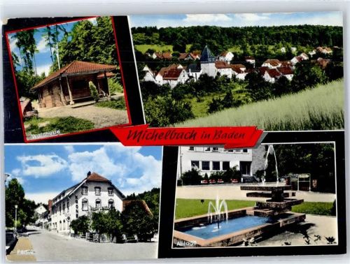 74858 W6955 Michelbach b Mosbach, Baden - Gesamtansicht, Waldhütte, Ortspartie
