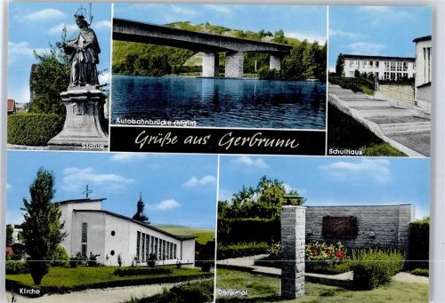 Gerbrunn Statue, Autobahnbrücke über den Main, Schulhaus, Kirche, Denkmal