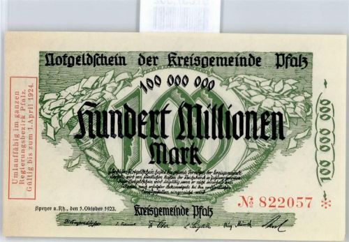 Notgeld 100 Millionen Mark , Speyer