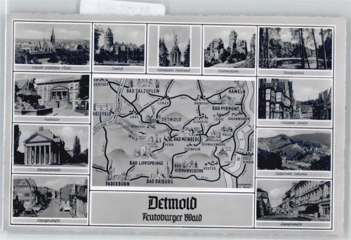 Detmold Langestraße, Landestheater, Rathaus, Kaiser-Wilhelm-Platz, Schloß, Hermanns-Denkmal, Externsteine, Donoperteich, Krumme Straße, Lippische Schweiz