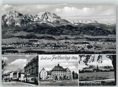 83395 W8228 Freilassing - Blick auf Staufen und Zwiesel, Hauptstraße, Schulhaus, Blick zum Untersberg