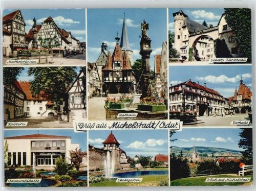 Michelstadt Leporello, Marktbrunnen, Kellerei, Odenwaldhalle, Rathaus, Stadtgarten, Schloß Fürstenau