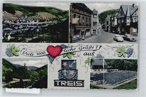 35460 W6301 Treis a d Lumda - Totalansicht, Moselbrücke, Schwimmbad, Fachwerkhaus, Auto