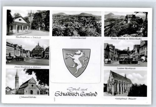 Schwäbisch Gmünd Leporello, Fünfknopfturm, Torhäusle, Ruine Rechberg mit Hohenstaufen, Unterer Marktplatz, Brunnen, Heiligkreuz-Münster, Johanniskirche, Wappen, Oberer Marktplatz, Rathaus
