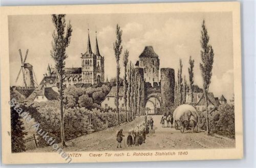 Xanten Clever Tor nach Rohbocks Stahlstich 1840 Windmühle
