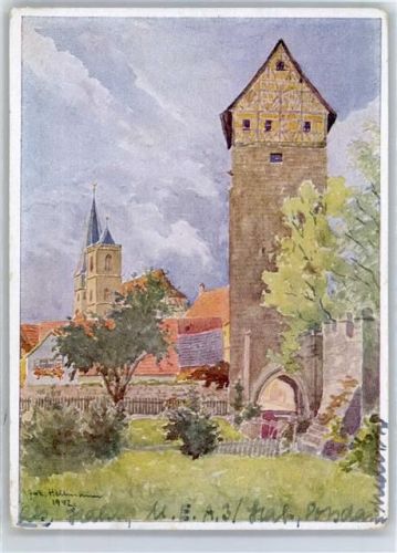 Münnerstadt Künstlerkarte J.Hellmann 1942, Jörgentor, Pfarrkirche
