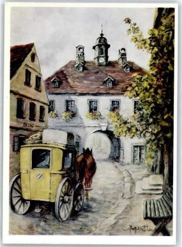 Burgebrach Hauptstraße mit Rathaus sign. Gusti Richter Kutsche