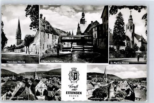 Ettlingen Herz-Jesu-Kirche Albpartie Rathaus St. Martins-Kirche Wappen Albtal Lauerturm