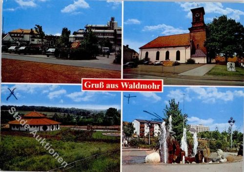 Waldmohr Marktplatz kath. Kirche Kindergarten Brunnen Vogel im Schilf