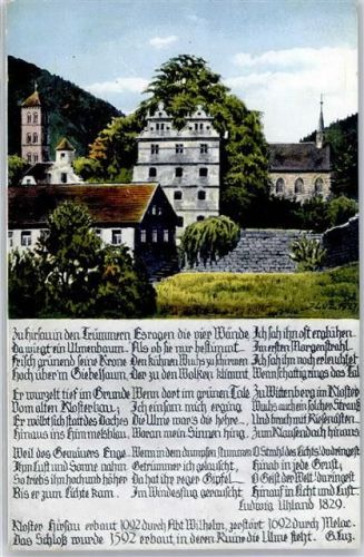 Hirsau Schlossruine mit Ulme Aquarell sign. Johs. Luz Gedicht Ludwig Uhland