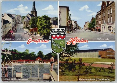 40721 W4010 Hilden - Mittelstraße Ev. Kirche Städtisches Waldschwimmbad Fabriciushalle Turnhalle Wappen