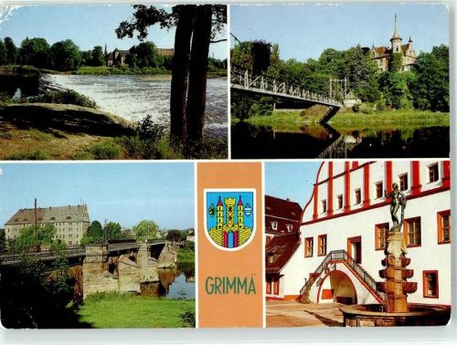 Grimma Am Muldenwehr Muldenbrücke Brunnen am Rathaus Gattersburg mit Hängebrücke