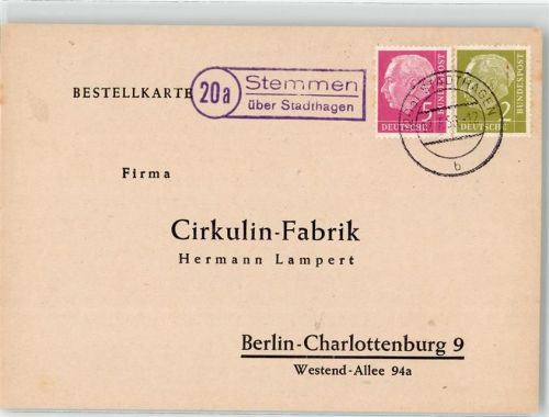 31693 W3061 Stemmen , Kr Schaumb-Lippe - Landpoststempel Bestellkarte Cirkulin Fabrik Hermann Lampert Charlottenburg
